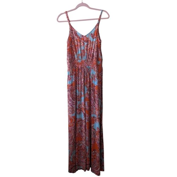 Ivy Street Sleeveless Maxi Sundress Women's Medium Orange Paisley Smocked Waist - Picture 2 of 8